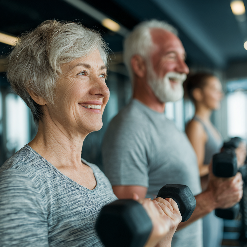 Mature adults exercising together in modern fitness facility