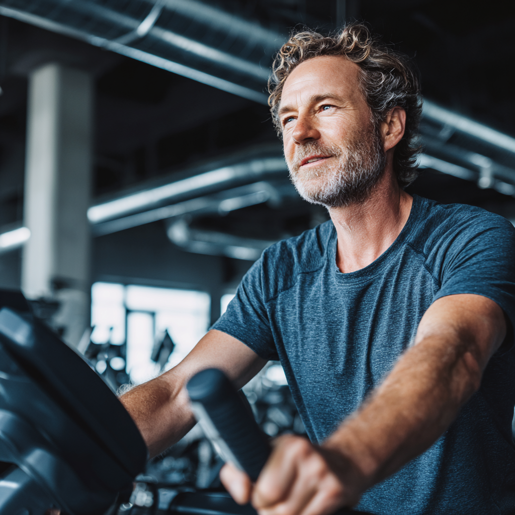 Middle-aged person showing fitness transformation results